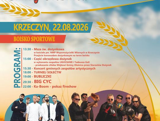 Dożynki Gminy Oleśnica 2026. Krzeczyn zaprasza na święto plonów z koncertami Bubliczek i Big Cyc