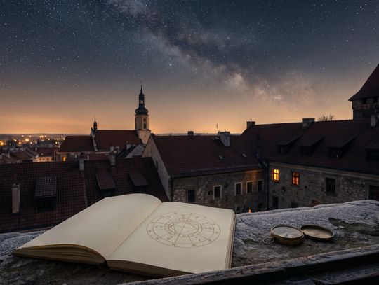 Rozgwieżdżone niebo nad dachami miasta i notes z rysunkiem horoskopu.