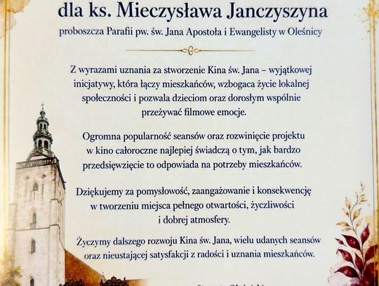 Kino św. Jana wyróżnione przez Powiat Oleśnicki. „Dziękujemy za to wyróżnienie i… gramy dalej!”