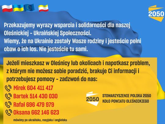Kolejny punkt pomocy dla walczącego sąsiada: OLEŚNICA DLA UKRAINY