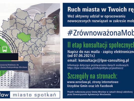Konsultacje społeczne dotyczące „Planu Zrównoważonej Mobilności dla Miejskiego Obszaru Funkcjonalnego Wrocławia” 