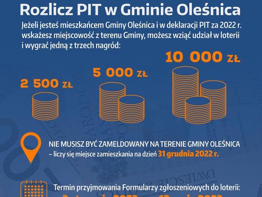 Nagrody pieniężne czekają - weź udział w loterii PIT w gminie Oleśnica
