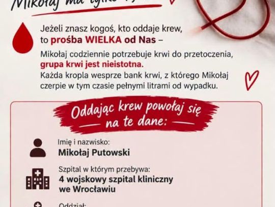 PCK w Oleśnicy apeluje o oddawanie krwi dla 19-letniego Mikołaja
