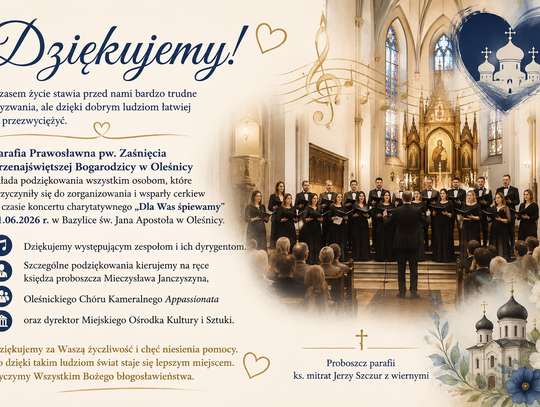 Podziękowania po koncercie charytatywnym w Oleśnicy. „Dla Was śpiewamy” zjednoczyło ludzi dobrej woli