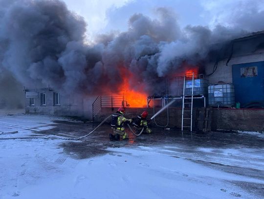 Pożar dużej hali magazynowej w Cieślach. Strażacy prowadzą akcję gaśniczą od rana