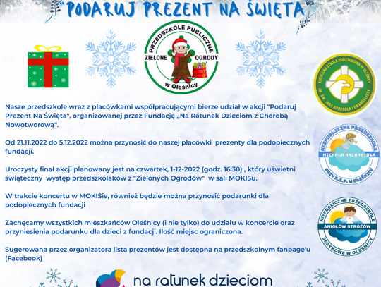 Przedszkole Publiczne „Zielone Ogrody” apeluje o wsparcie akcji "Podaruj prezent na święta”