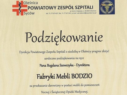 Szpital dziękuje Fabryce Bodzio za darowiznę