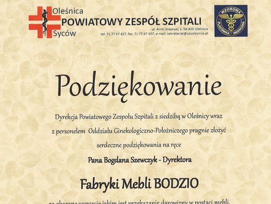 Szpital dziękuje Fabryce Mebli Bodzio