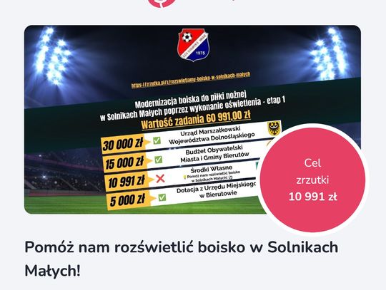 Trwa zbiorka na rozświetenie boiska w Solnikach Małych