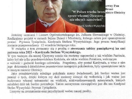 Uczniowie I LO w Oleśnicy z petycją w sprawie uhonorowania kardynała Wyszyńskiego 