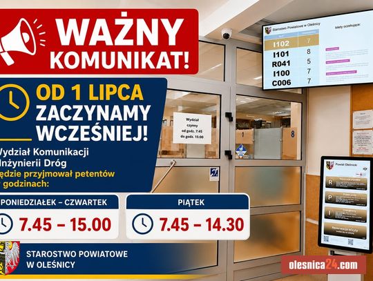 Uwaga kierowcy i petenci! Wydział Komunikacji w Oleśnicy otwiera się wcześniej