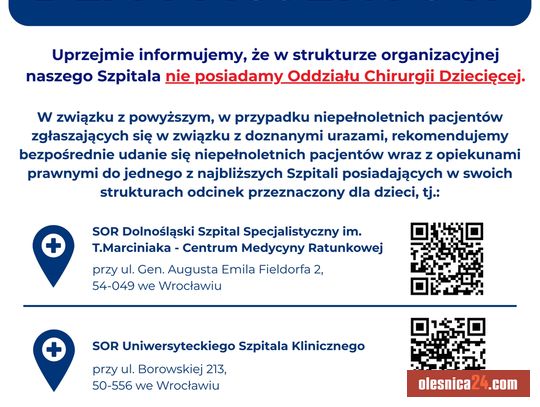 Ważna informacja dla rodziców! Szpital w Oleśnicy nie przyjmuje dzieci z urazami na chirurgię