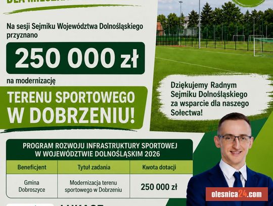 Wielka wygrana Dobrzenia! 250 tysięcy złotych na nową infrastrukturę sportową