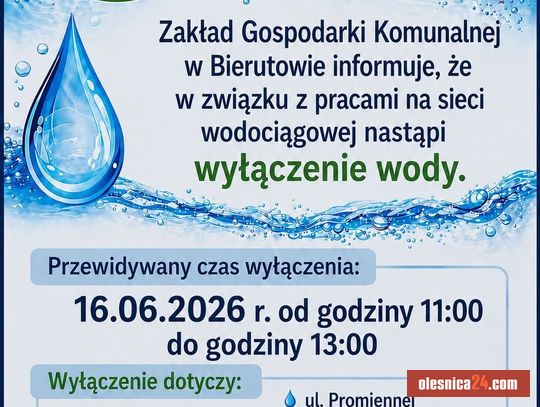 Wyłączenie wody w Bierutowie! 16 czerwca bez wody na wielu ulicach