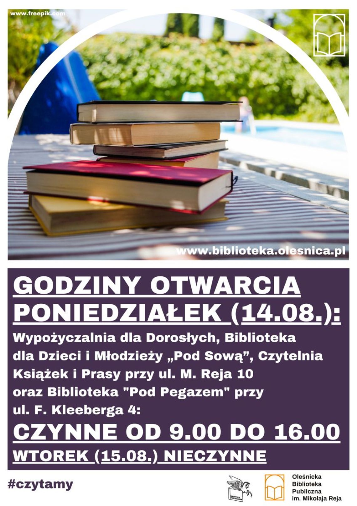 Biblioteka informuje o godzinach otwarcia