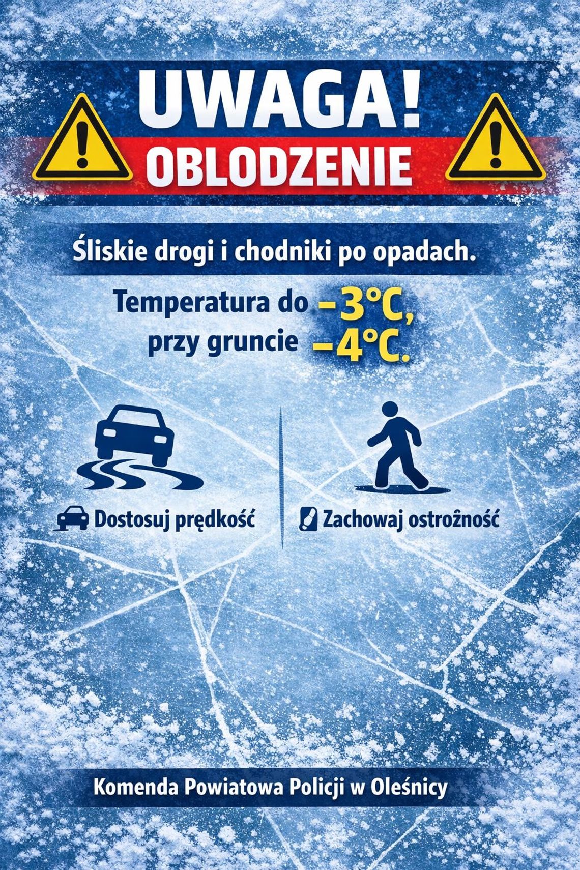 Uwaga, oblodzenie! Policja apeluje o ostrożność na drogach i chodnikach w powiecie oleśnickim