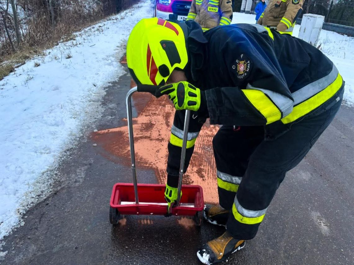 Plama płynów eksploatacyjnych na drodze w Ligocie Małej – interwencja strażaków