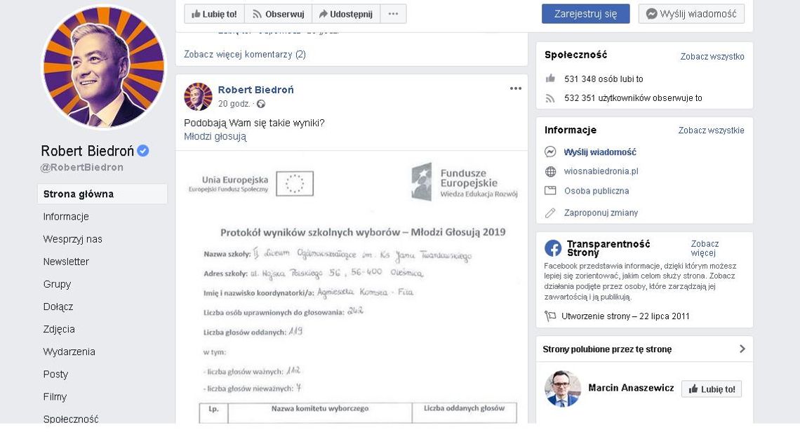 Biedroń pochwalił się wynikami z II LO w Oleśnicy