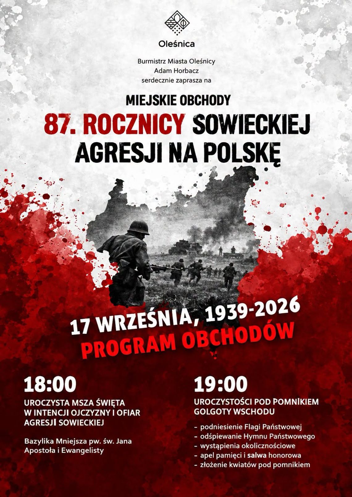 Burmistrz zaprasza. 17 września w Oleśnicy uczczą 87. rocznicę sowieckiej agresji na Polskę Burmistrz zaprasza. 17 września w Oleśnicy uczczą 87. rocznicę sowieckiej agresji na Polskę