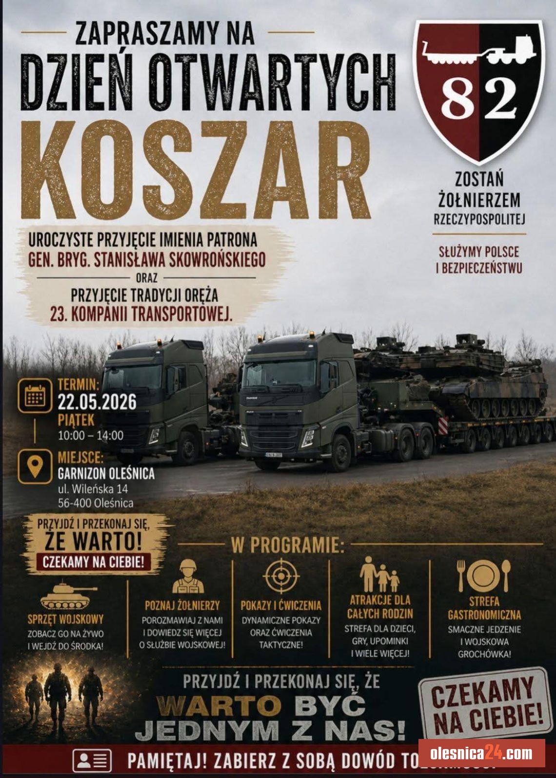 Dzień Otwartych Koszar w Oleśnicy! Będzie defilada, sprzęt wojskowy i grochówka