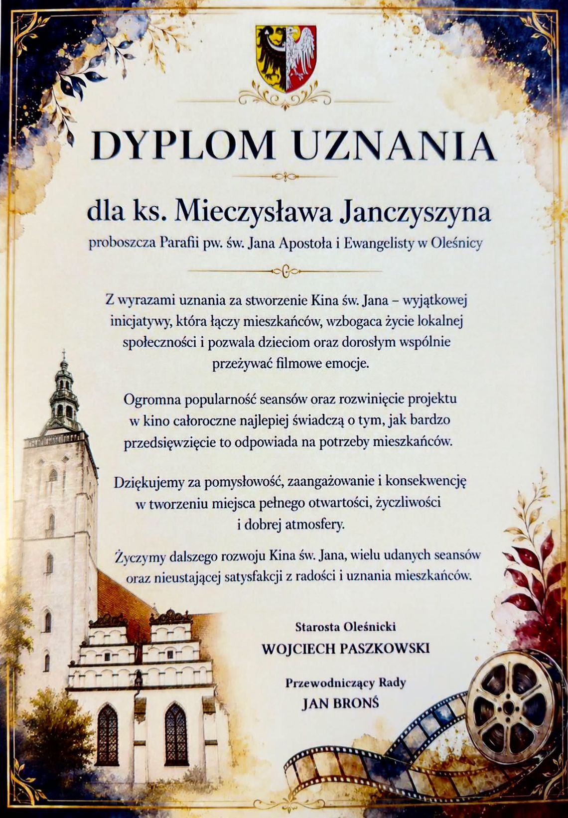 Kino św. Jana wyróżnione przez Powiat Oleśnicki. „Dziękujemy za to wyróżnienie i… gramy dalej!”