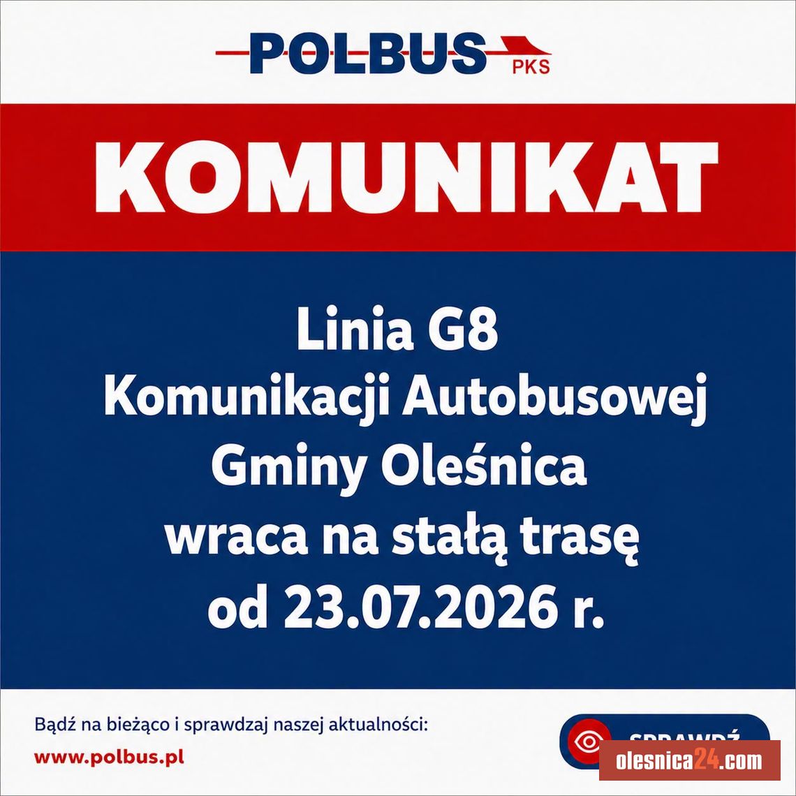 Koniec utrudnień dla pasażerów. Autobusy linii G8 wracają na stałą trasę Koniec utrudnień dla pasażerów. Autobusy linii G8 wracają na stałą trasę