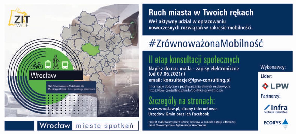 Konsultacje społeczne dotyczące „Planu Zrównoważonej Mobilności dla Miejskiego Obszaru Funkcjonalnego Wrocławia” 