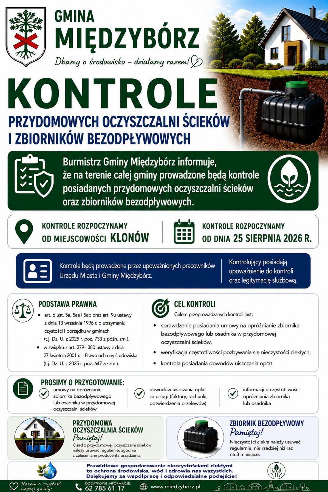 Kontrole przydomowych oczyszczalni i szamb w gminie Międzybórz. Urząd apeluje do mieszkańców Kontrole przydomowych oczyszczalni i szamb w gminie Międzybórz. Urząd apeluje do mieszkańców