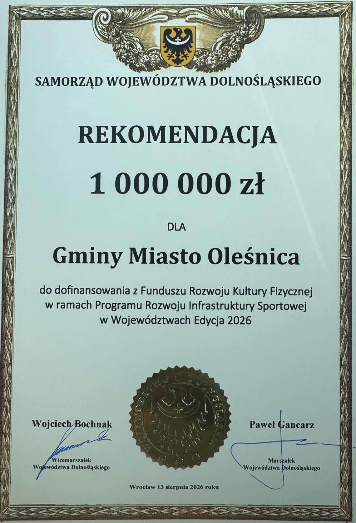 Milion złotych dla Oleśnicy na modernizację boiska na Stadionie Miejskim Milion złotych dla Oleśnicy na modernizację boiska na Stadionie Miejskim