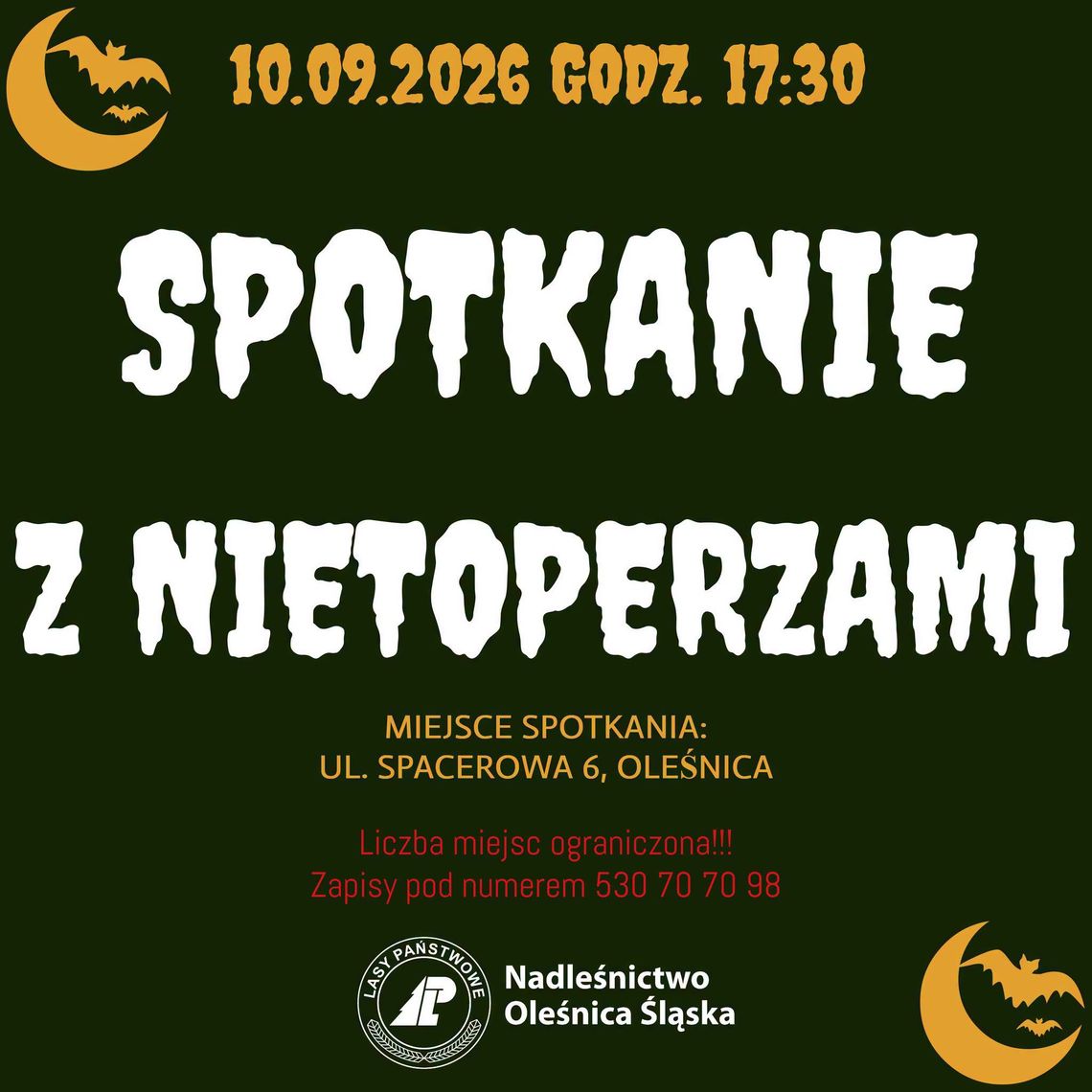 Nietoperze wyjdą po zmroku! Wyjątkowe spotkanie w Oleśnicy. Będzie można je zobaczyć i… usłyszeć Nietoperze wyjdą po zmroku! Wyjątkowe spotkanie w Oleśnicy. Będzie można je zobaczyć i… usłyszeć