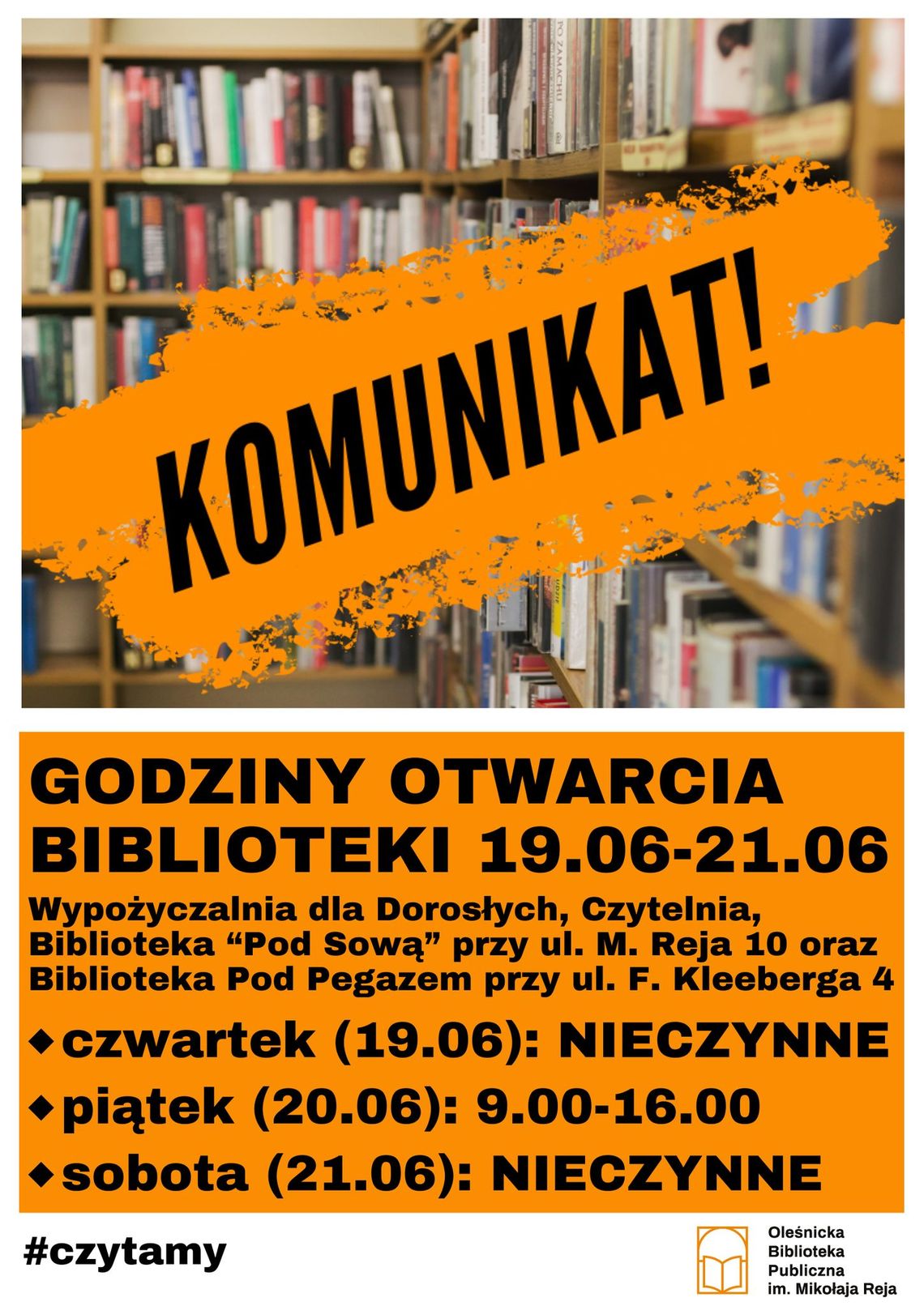 Biblioteka w dniach 19-21 czerwca