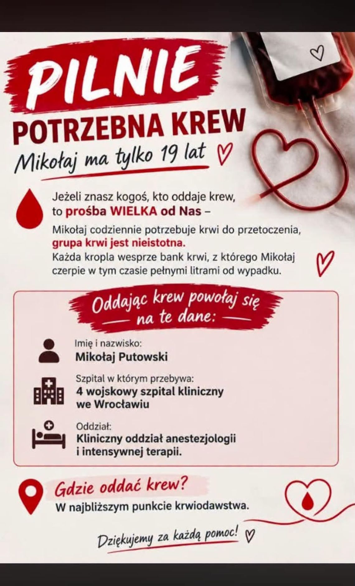 PCK w Oleśnicy apeluje o oddawanie krwi dla 19-letniego Mikołaja PCK w Oleśnicy apeluje o oddawanie krwi dla 19-letniego Mikołaja