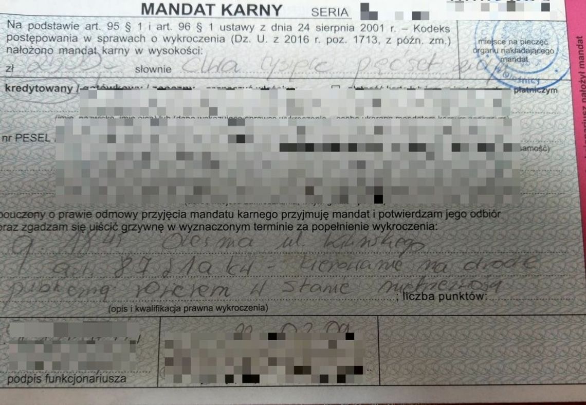 Pijany rowerzysta dostał 2.500 zł mandatu!