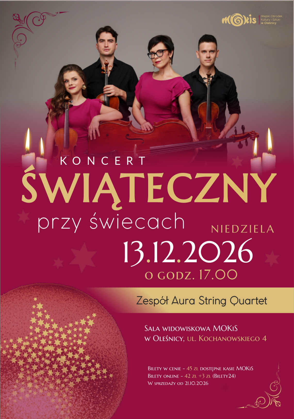 Świąteczne przeboje w blasku świec. Aura String Quartet wystąpi w Oleśnicy