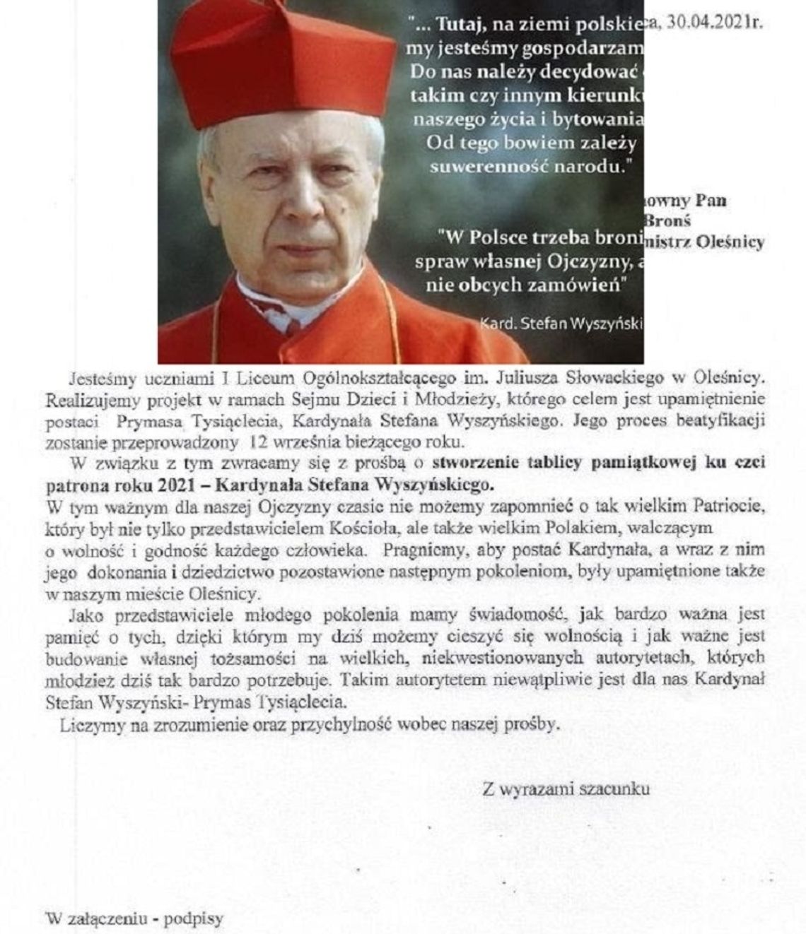 Uczniowie I LO w Oleśnicy z petycją w sprawie uhonorowania kardynała Wyszyńskiego 