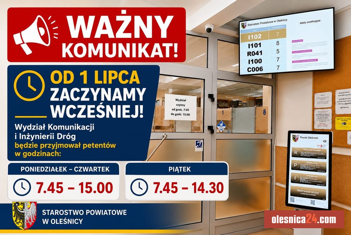 Uwaga kierowcy i petenci! Wydział Komunikacji w Oleśnicy otwiera się wcześniej