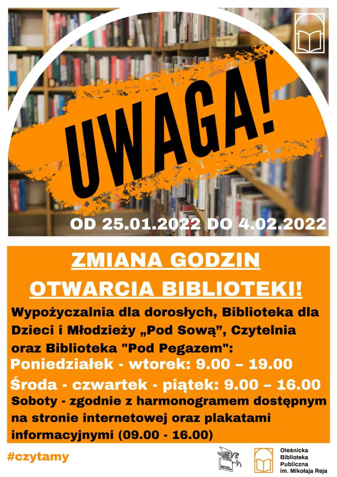 Uwaga: Zmiana godzin otwarcia biblioteki w Oleśnicy