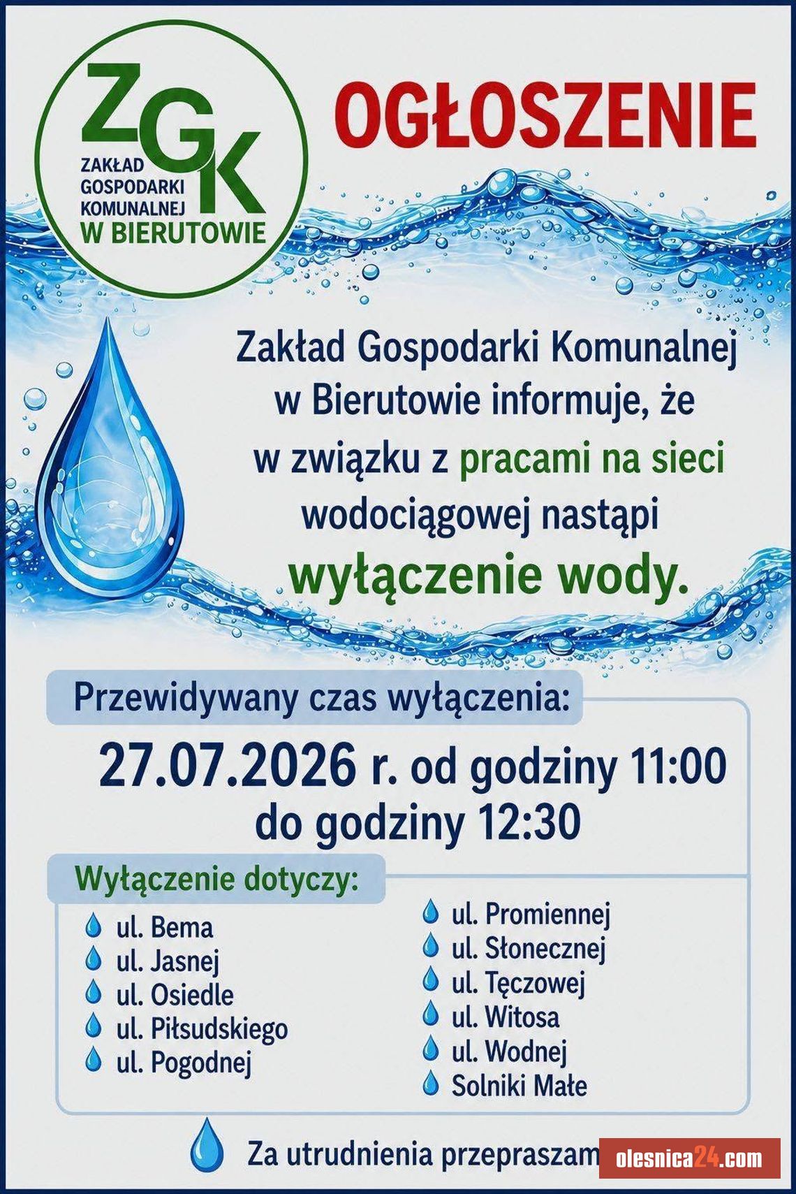 W Bierutowie zabraknie wody. Mieszkańcy kilku ulic muszą przygotować się na przerwę