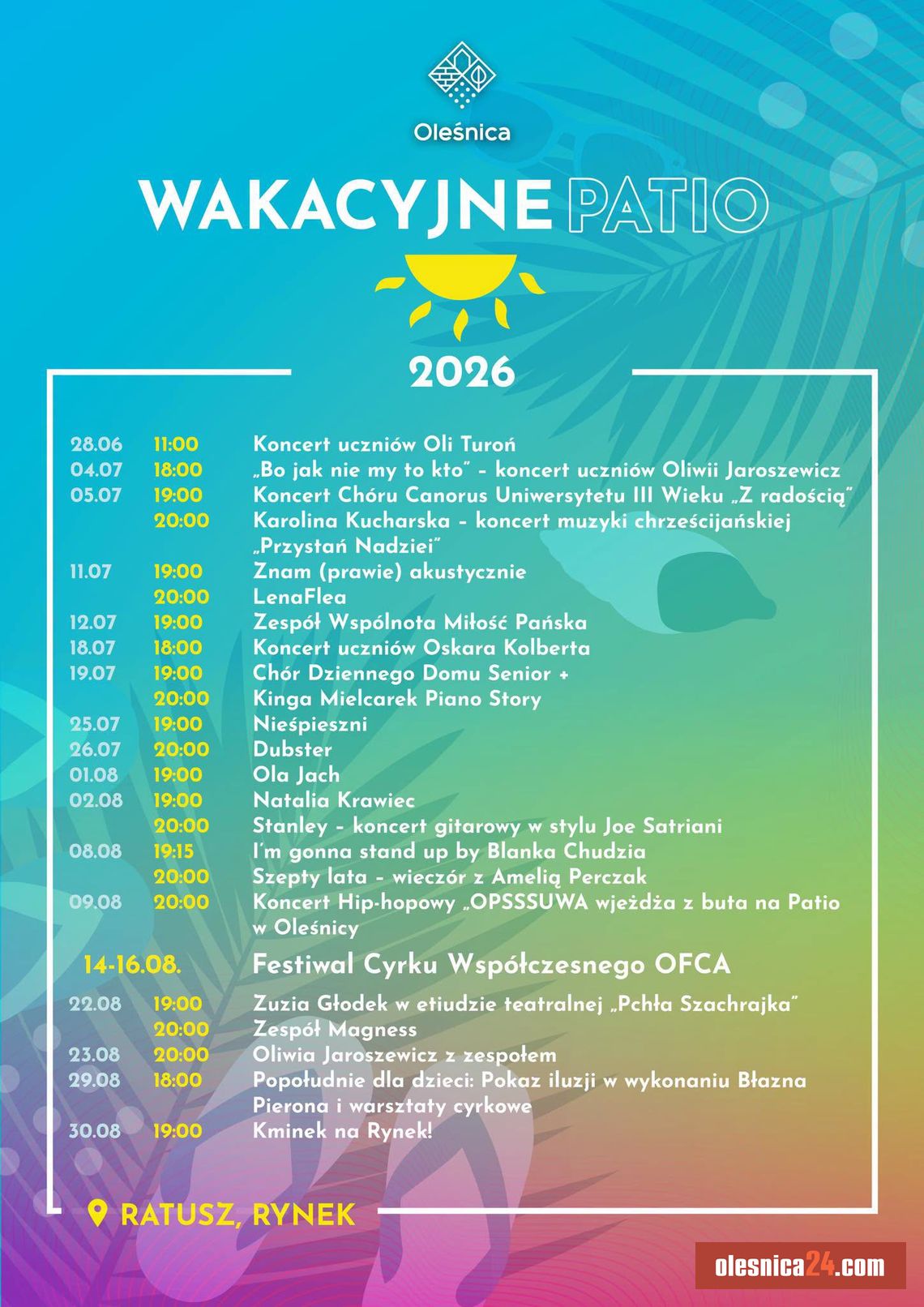 Wakacyjne Patio 2026 w Oleśnicy: Największa letnia scena pod gołym niebem rusza pełną parą