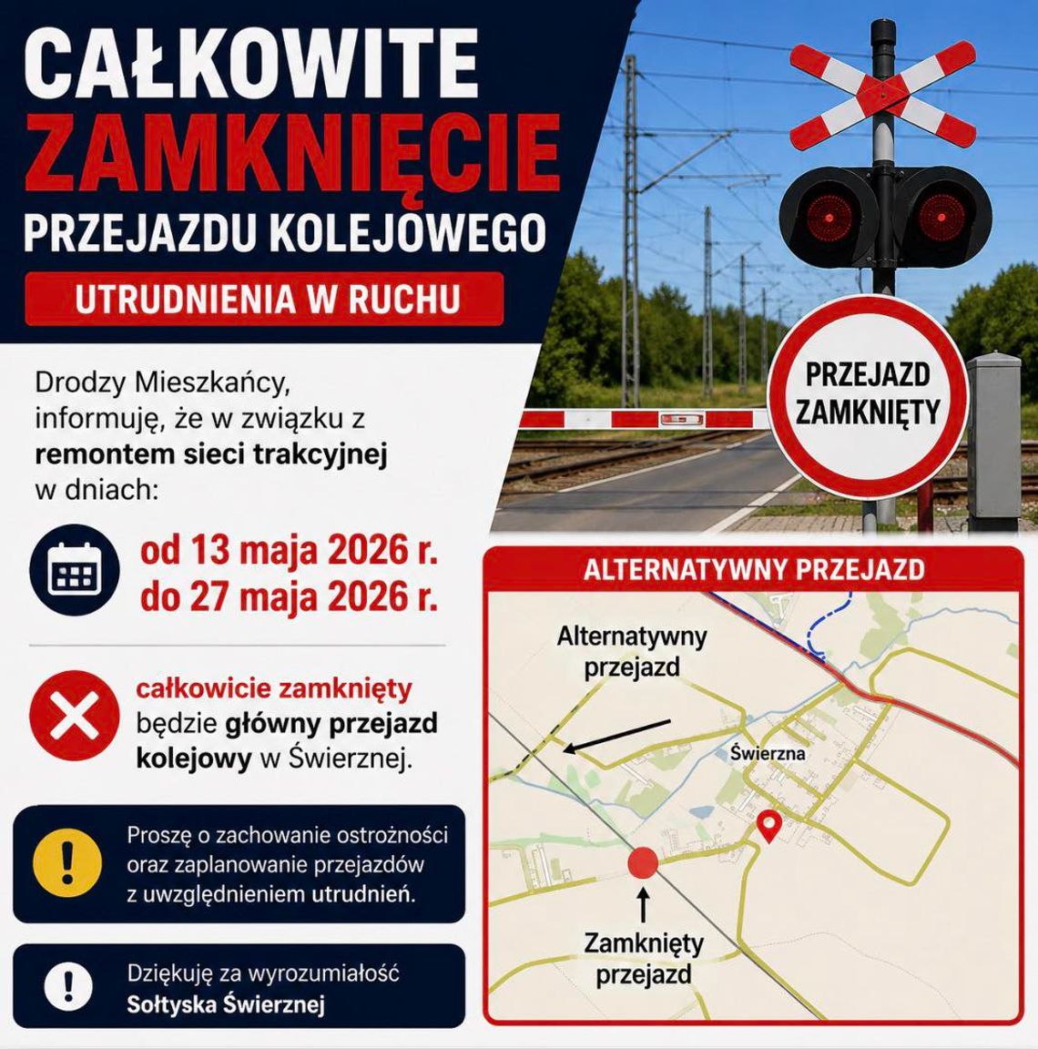 Ważna informacja dla kierowców! Przejazd kolejowy w Świerznej zostanie całkowicie zamknięty