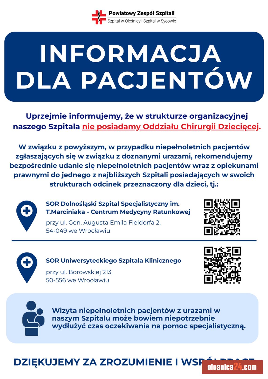 Ważna informacja dla rodziców! Szpital w Oleśnicy nie przyjmuje dzieci z urazami na chirurgię Ważna informacja dla rodziców! Szpital w Oleśnicy nie przyjmuje dzieci z urazami na chirurgię