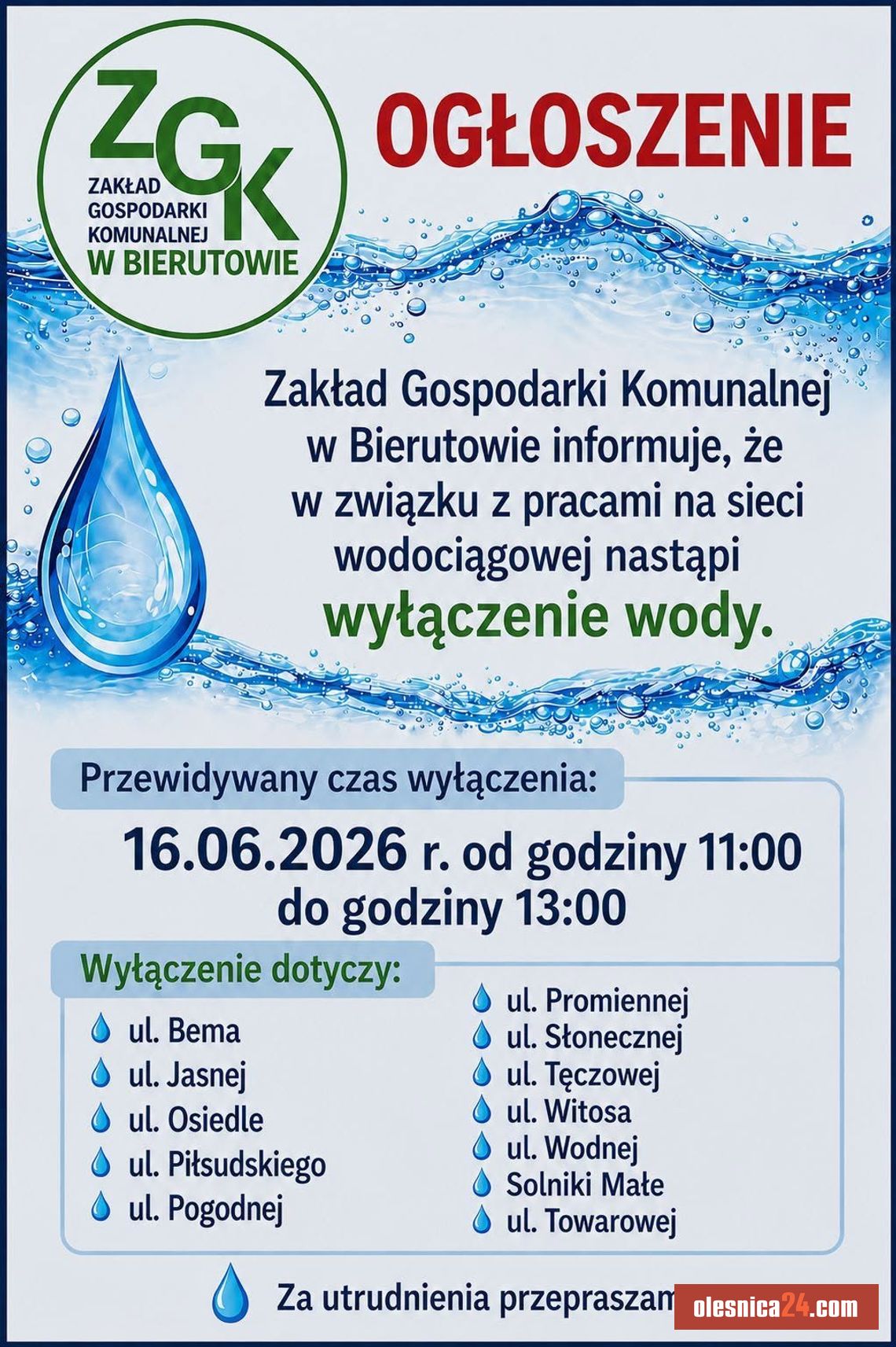 Wyłączenie wody w Bierutowie! 16 czerwca bez wody na wielu ulicach Wyłączenie wody w Bierutowie! 16 czerwca bez wody na wielu ulicach