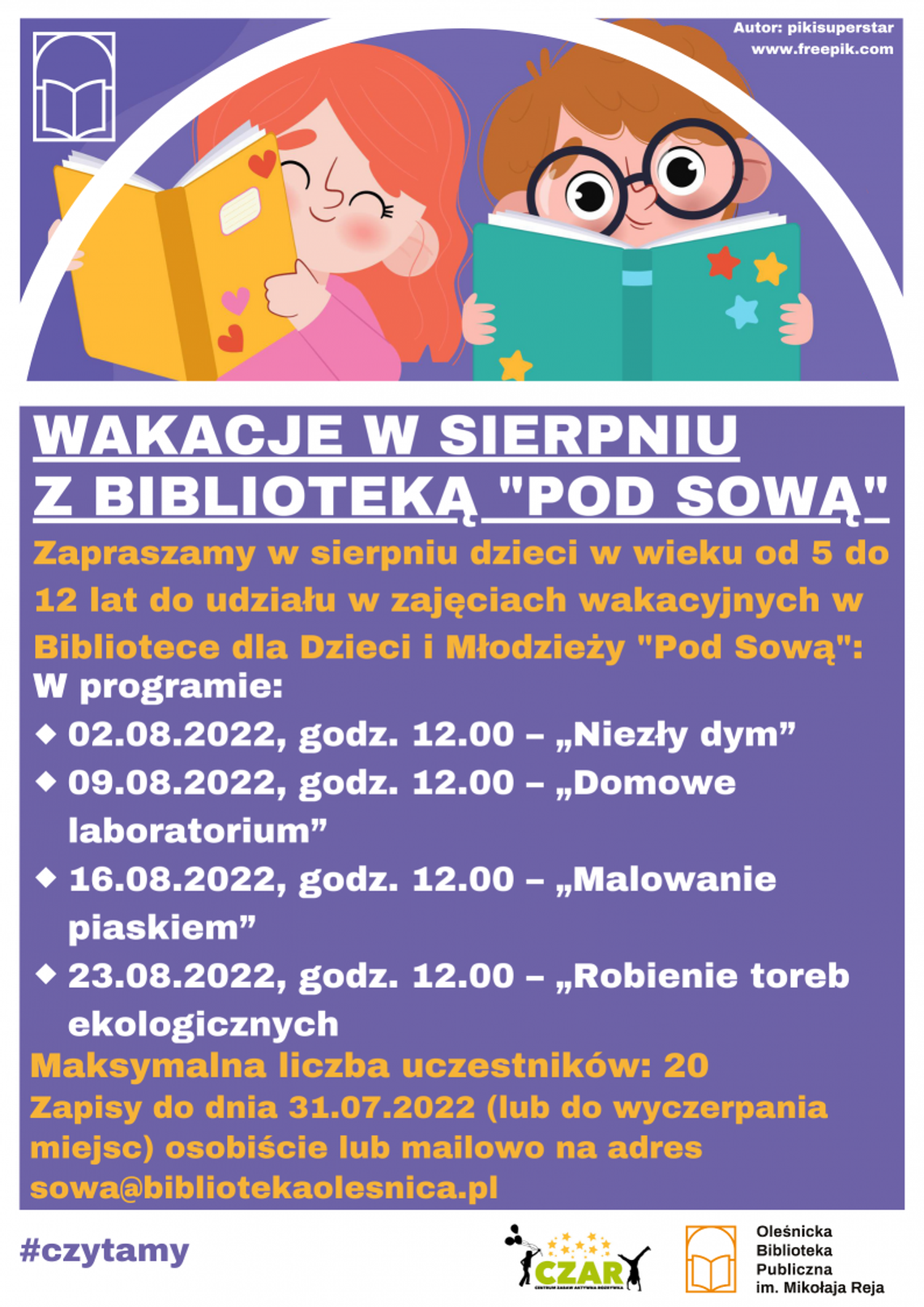 Zapisy na dodatkowe zajęcia wakacyjne w sierpniu z Biblioteką "Pod Sową"