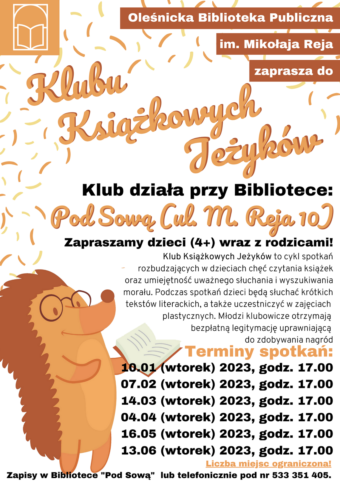 Zapraszamy na spotkania Klubu Książkowych Jeżyków