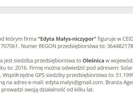Informacja o firmie E.Małys-Niczypor w PKT