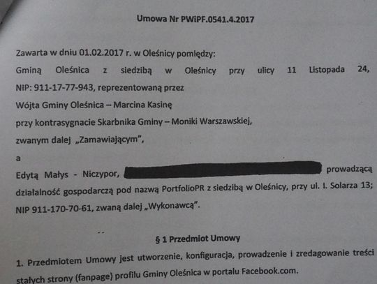 Umowa firmy E. Małys-Niczypor z Gminą Oleśnica na prowadzenie Facebooka